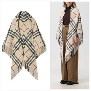 Burberry Bandana Check Fringe Wool Cape in Stone One Size NWT